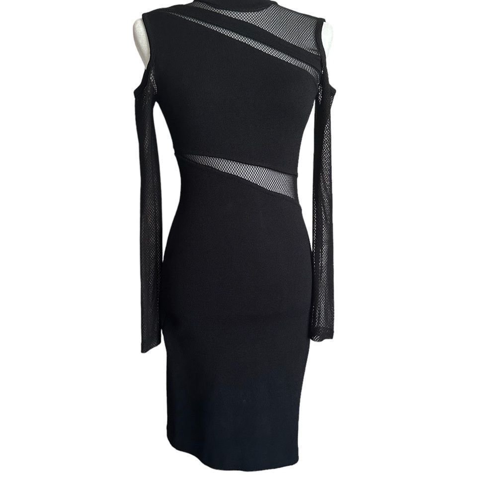 Rachel Roy knit cocktail dress, size small, cold shoulder, long fishnet sleeves.